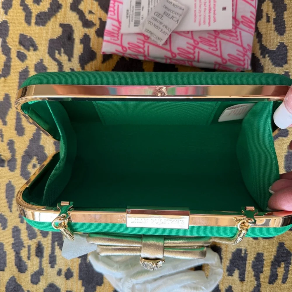 NWT Lilly Pulitzer Jessy Bow Hard Clutch Bamboo Green Gold Chain Crossbody Bag